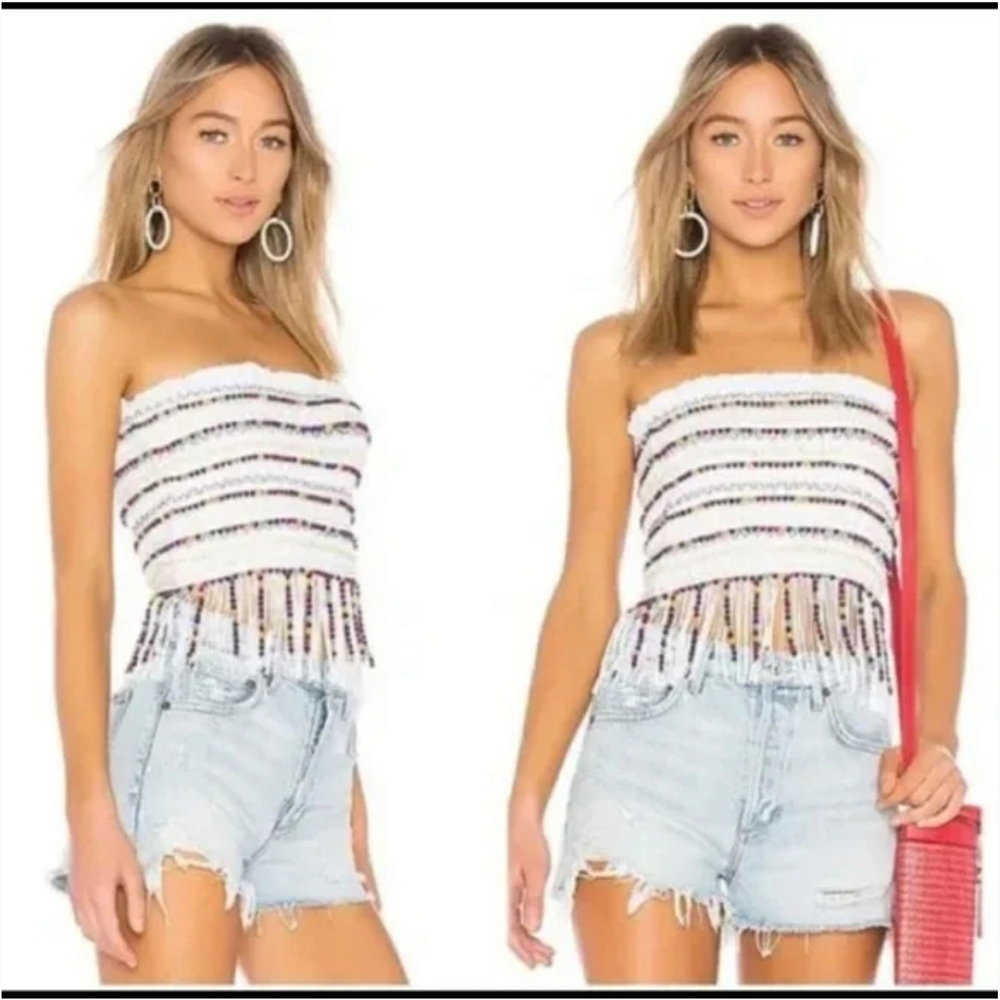 Majorelle shirred, ruffled, beaded, fringed tube top. Sz M